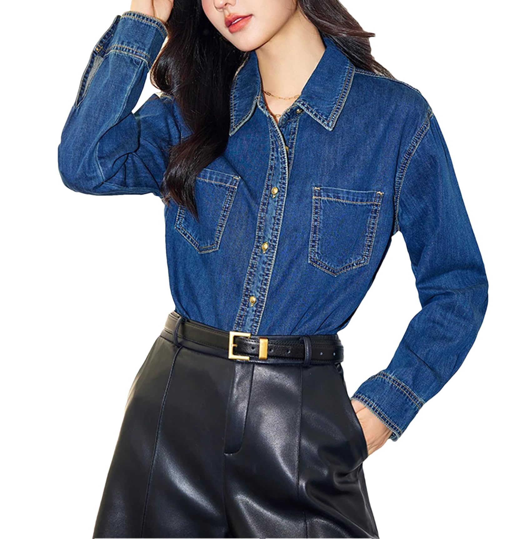 Yeuyyben Camicia da donna in denim a maniche lunghe, alla moda, casual, con colletto rovesciato, camicetta cappotto