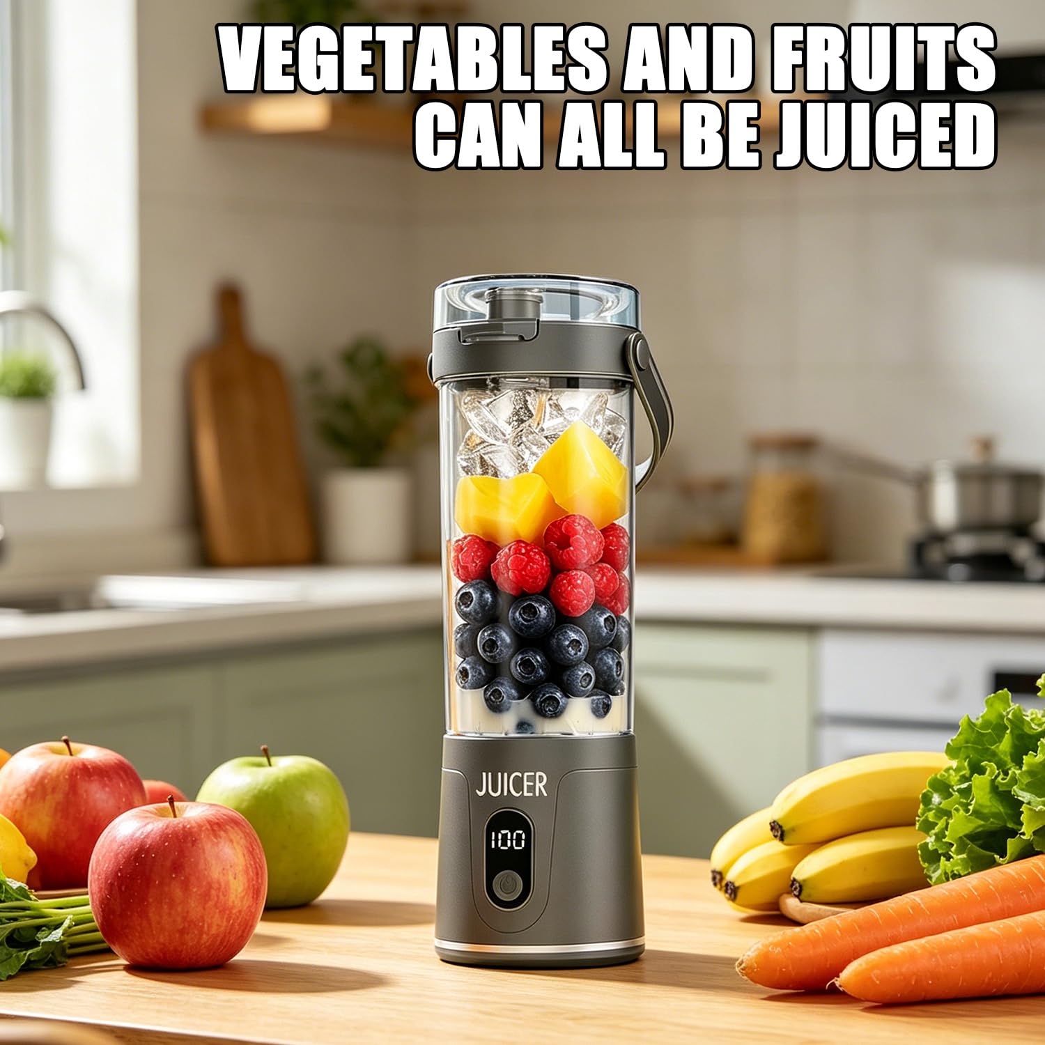 600ml Tragbarer Mixer Smoothie Maker to Go, Mini Standmixer mit 12 Klingen, USB-Aufladung, Kabellos Smoothie-Maker Mini-Mixer für Shakes und Smoothies, für Küche/Fitnessstudio/Zuhause (Grau)