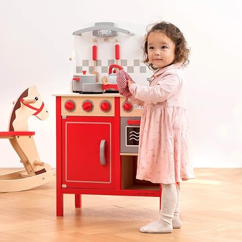 Miniatura 7 de New Classic Toys Cocina de juguete de madera roja para niños con juego de roles Bon Appetit Incluido Accesoires 21.654 x 11.811 x 35.039 in