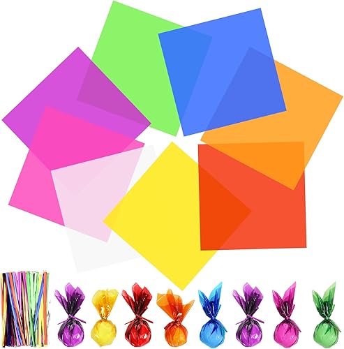 40 piezas de papel de celofán de color de 14 x 14 pulgadas, envolturas de celofán multicolor transparente para regalo con 120 lazos metálicos, para