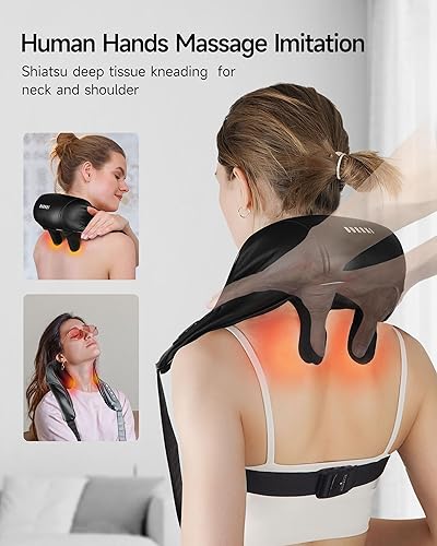 Miniatura 2 de Burrki Masajeador de cuello con calor, masajeador de hombros 4D inalámbrico, masajeador de cuello y hombros, masajeador shiatsu de espalda y cuello