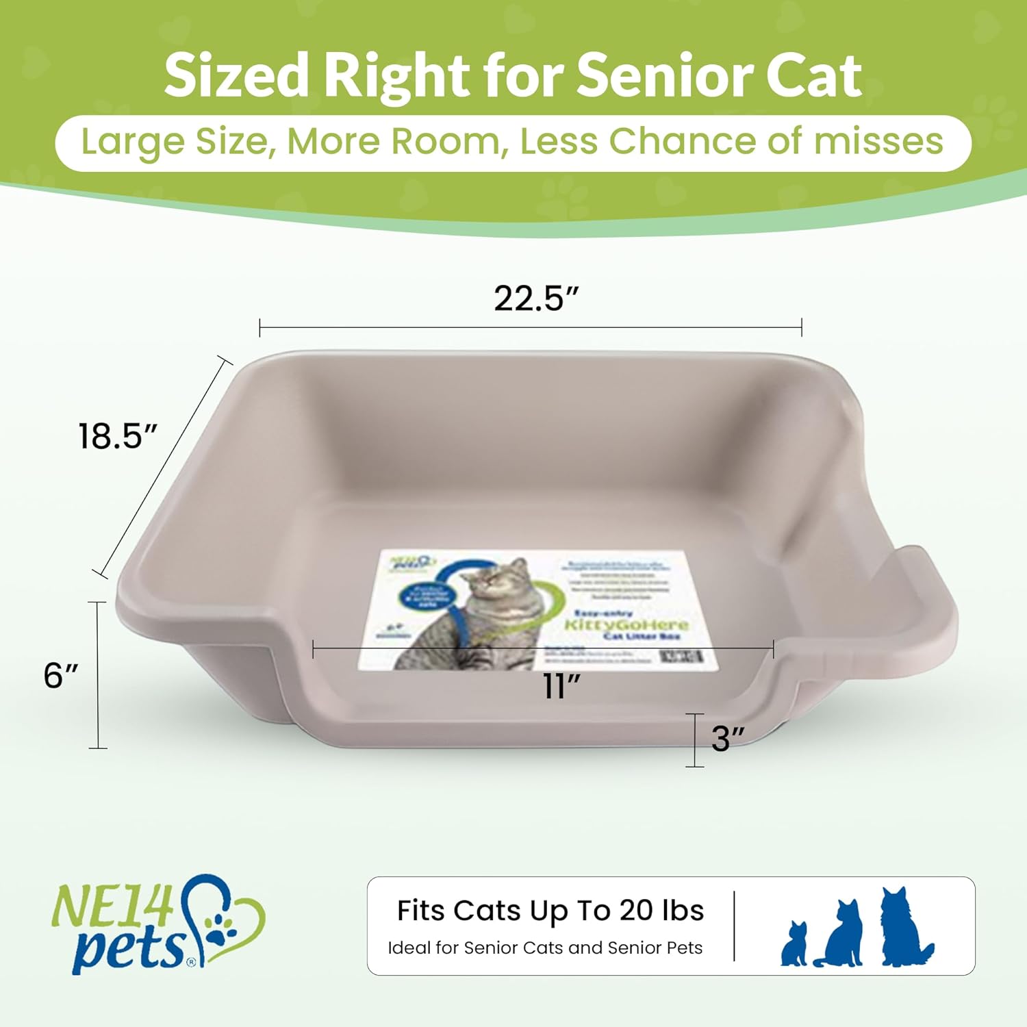 KittyGoHere 2.0 Easy-Entry Cat Litter Box – Large Open-Top Low Entrance Litter Pan with Higher Sides & Two Entrances – Ideal for Senior & Arthritic Cats – Made in USA (Grey)