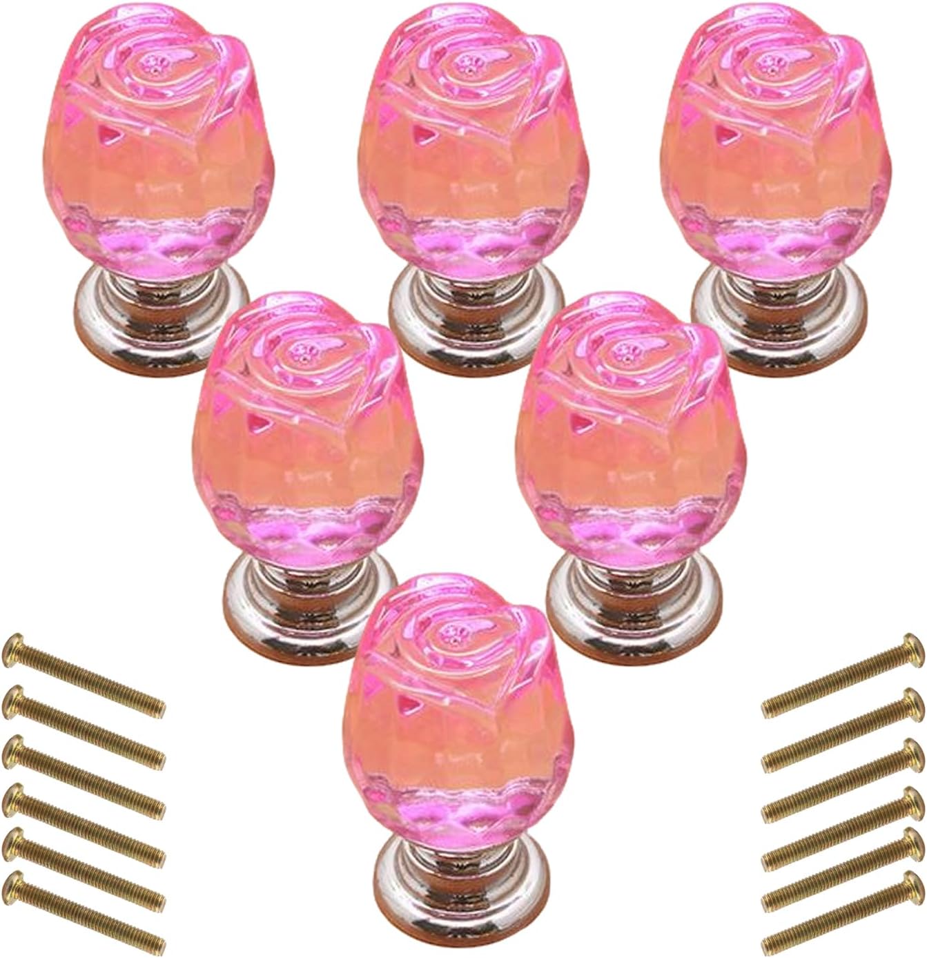 6pcs Crystal Rose Dresser Drawer Knobs Cabinet Handles Single Hole Drawer Pulls for Kitchen Bathroom Cabinet Door Drawer (Pink)