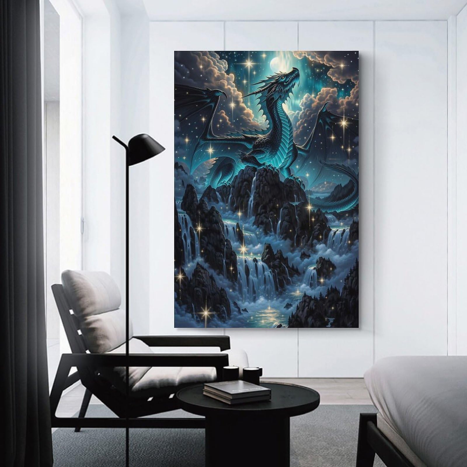 Junmoney Unframe-Style-23 Dragon Over Waterfalls Under Starry Sky Room Decor Wall Art 24X36inch(60X90cm), For Entrance Walls, Hall Decor Or Foyers, A Neat Decor Update For Hallways