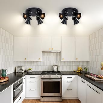 4-Light Industrial Track Lighting with Pull Chain On/Off Switch, Adjustable Round Kitchen Ceiling Light, Morden Black Flush Mount Directional Light for Kitchen, Hallway, Dining Room.