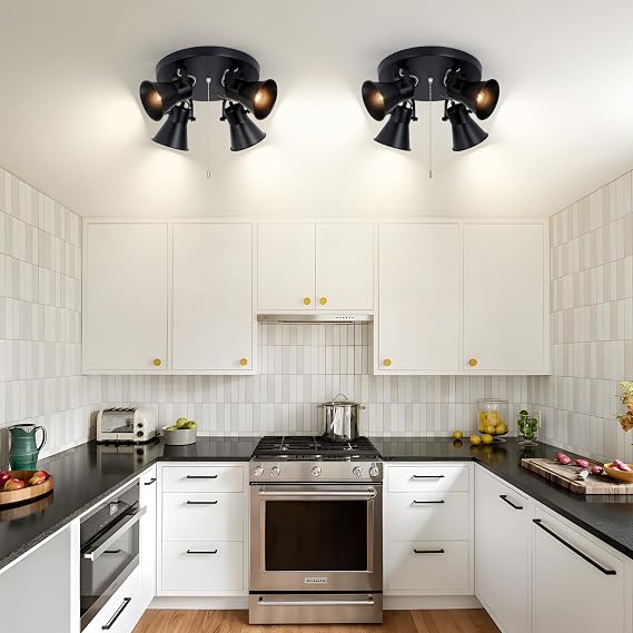 4-Light Industrial Track Lighting with Pull Chain On/Off Switch, Adjustable Round Kitchen Ceiling Light, Morden Black Flush Mount Directional Light for Kitchen, Hallway, Dining Room.