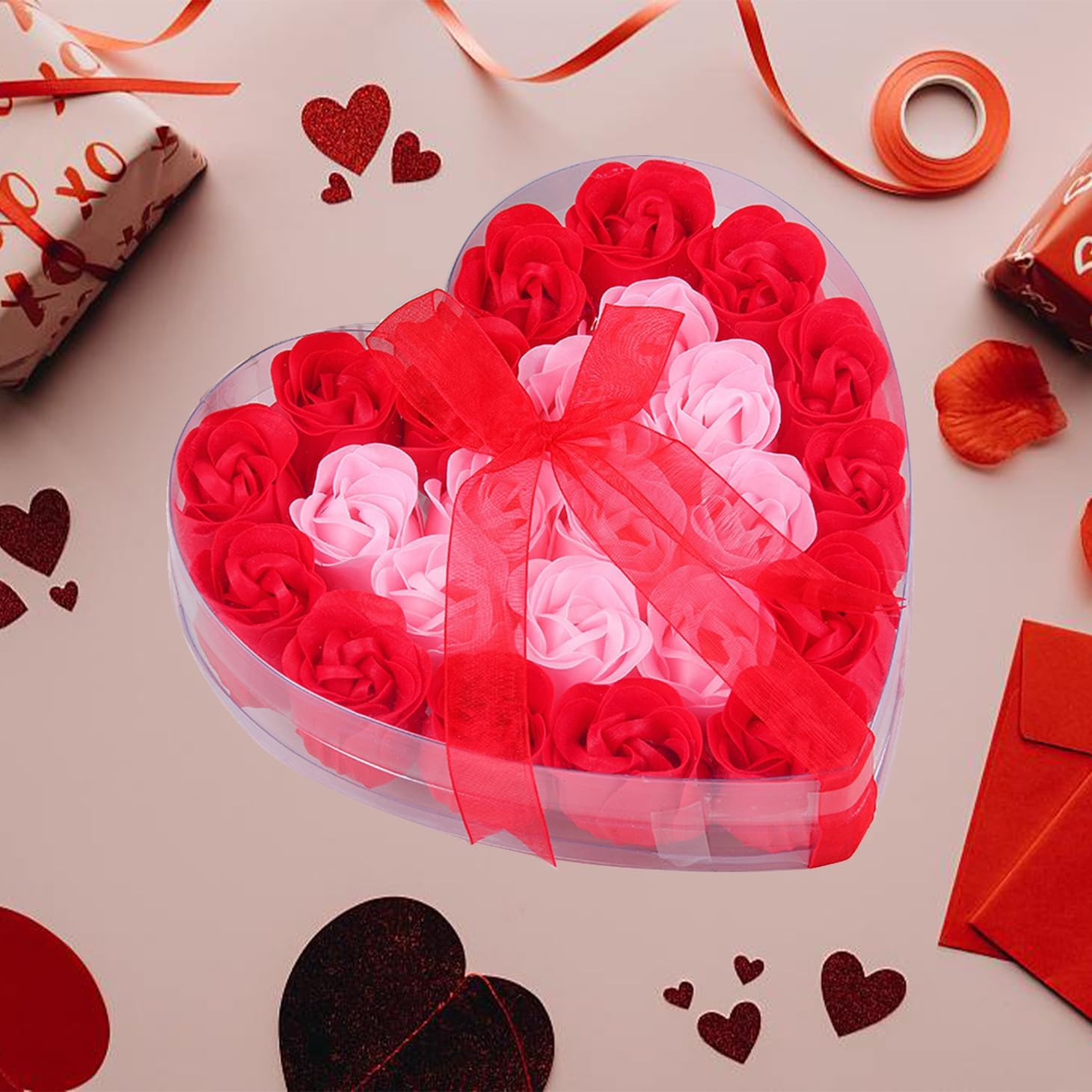 Artificial Flowers 24pcs Real Looking Soap Fake Roses with Heart Shaped PVC Box, For Valentine's Day Mother's Day Anniversary Birthday Girl Party Home Decorations (Pink, Red)