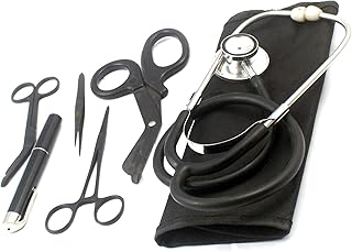 LAJA IMPORTS TACTICAL BLACK - MILITARY STETHOSCOPES AND FIRST RESPONDER EMT HOLSTER INCLUDES - TACTICAL BLACK TRAUMA SHEARS, PENLIGHT, TWEEZER, HEMOSTAT AND BANDAGE SCISSORS - IDEAL FOR NURSE AND FIRS