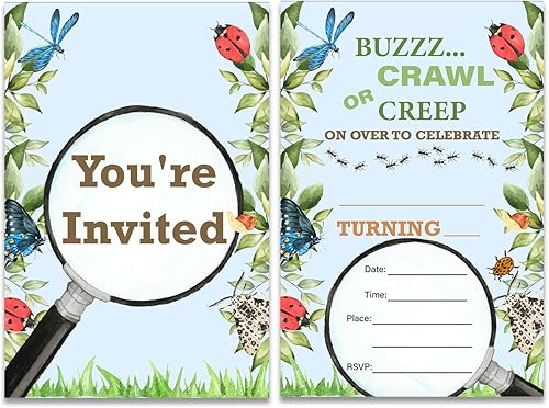 Soiceu Boy Bug - Invitaciones de cumpleaños con sobres, juego de 20 invitaciones de fiesta de cumpleaños de insectos para caza del tesoro de insectos