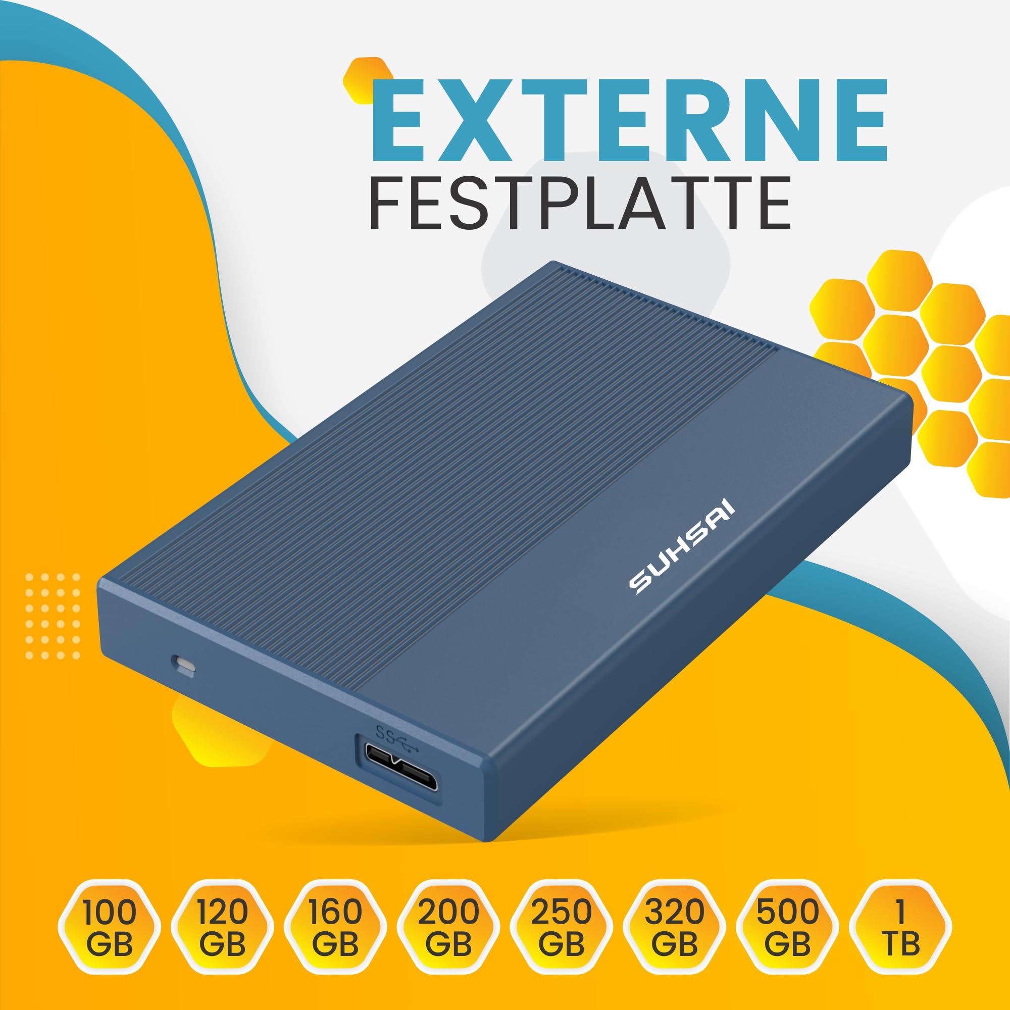 SUHSAI Externe Festplatte, 120 GB, Externe Festplatte, Backup-Laufwerk, USB 3.0, Hochgeschwindigkeits-Datenübertragungsfestplatte, kompatibel mit Mac, Laptop, Desktop-Spielekonsole - blau - 2