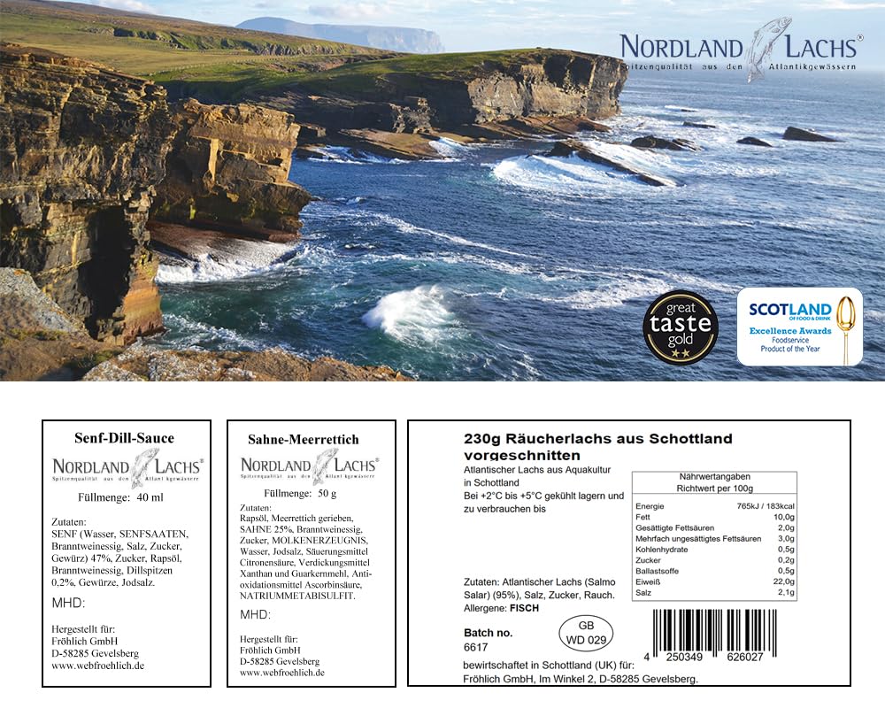 Nordland-Lachs Präsent zu Ostern | Lachs Feinkost Geschenk mit 230g Räucherlachs aus Schottland und Saucen | Edle Geschenkbox für Geschäftspartner