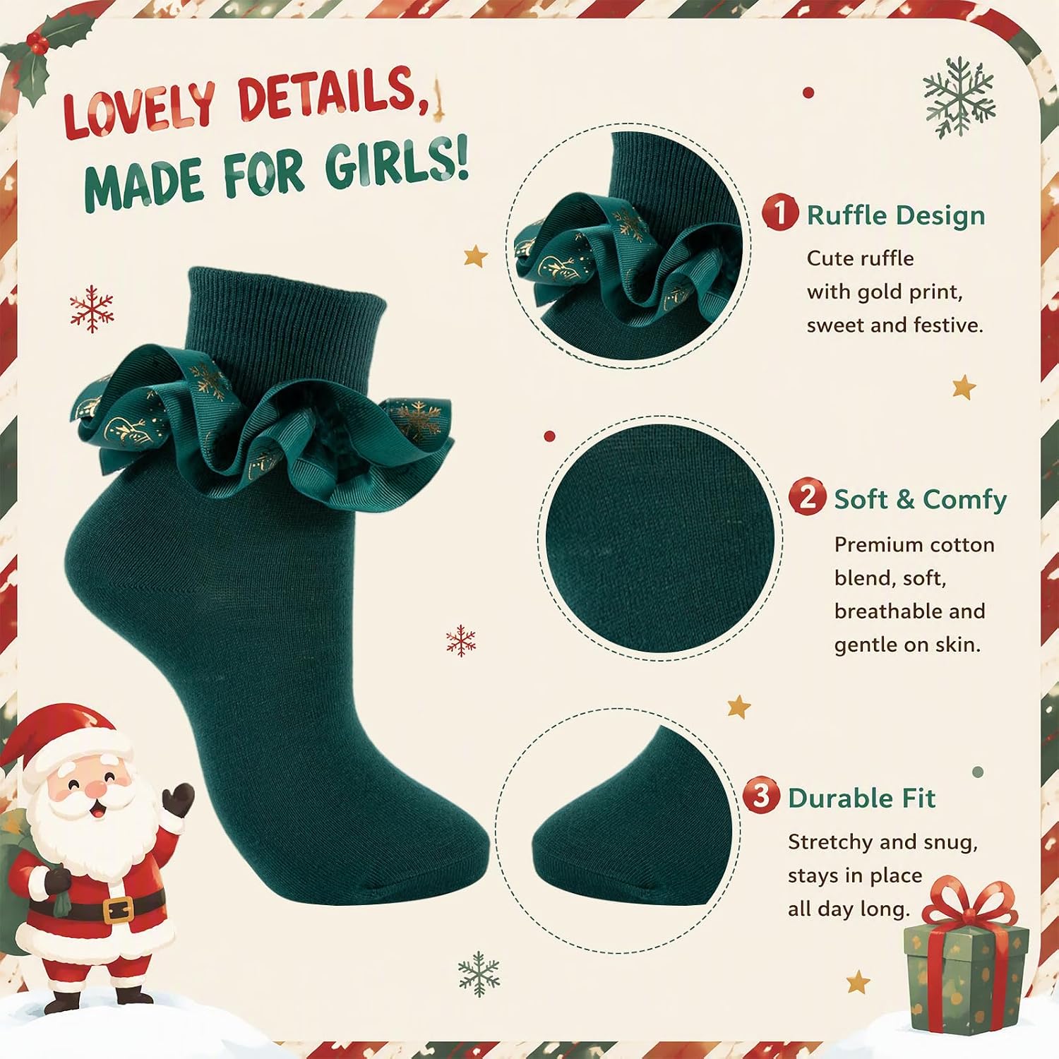 Girls Christmas Socks Ruffle - 2 Pairs Snowflake Lace Dress Socks