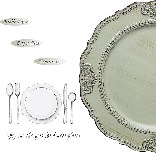 Miniatura 3 de Spsyrine Juego de 6 platos antiguos de color verde claro, cargadores de platos de 13 pulgadas para platos de cena, bodas, banquetes, fiestas