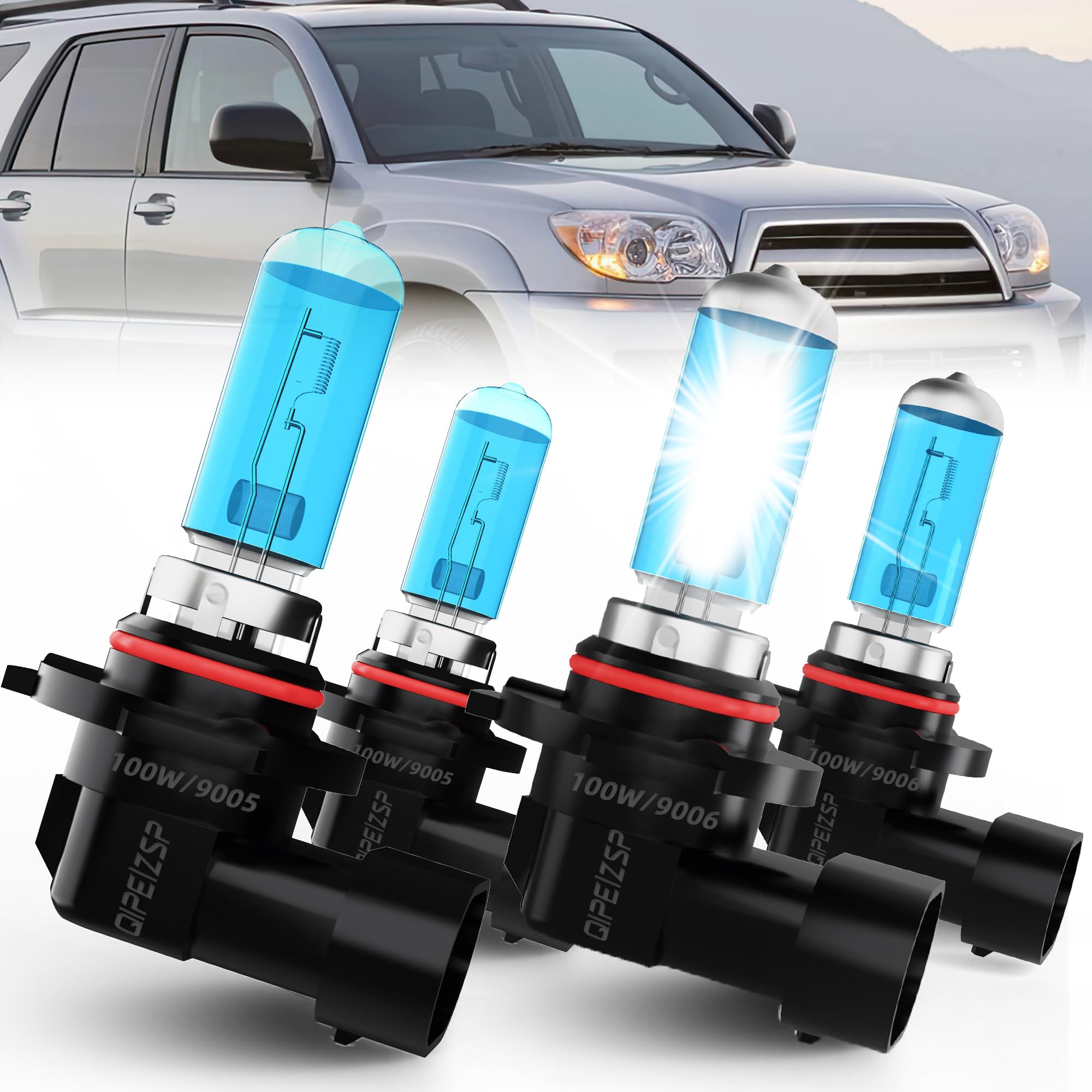 QIPEIZSP Fit For Toyota 4Runner 2003 2004 2005 Halogen Headlight Bulbs 100W Ultra Bright, 9005/HB3/H10 High Beam + 9006/HB4 Low Beam, Pack of 4