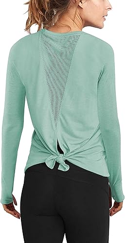 Mippo Camisas de entrenamiento de manga larga para mujer, camisetas de yoga con espalda abierta, para correr, ropa atlética