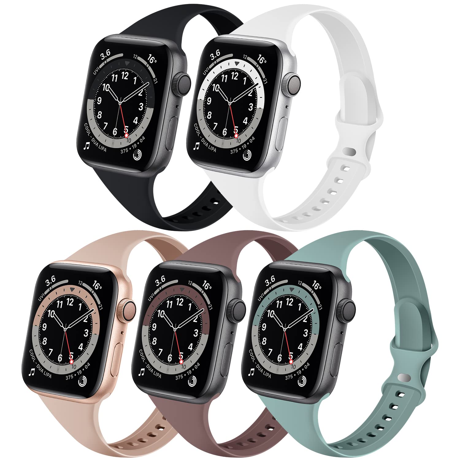 Distore 5 Pack Bands Compatible with Apple Watch 38mm 40mm 41mm 42mm 44mm 45mm, Slim Thin Narrow Replacement Water Drop Silicone Sport Strap for iWatch Series SE 7/6/5/4/3/2/1 Women Men