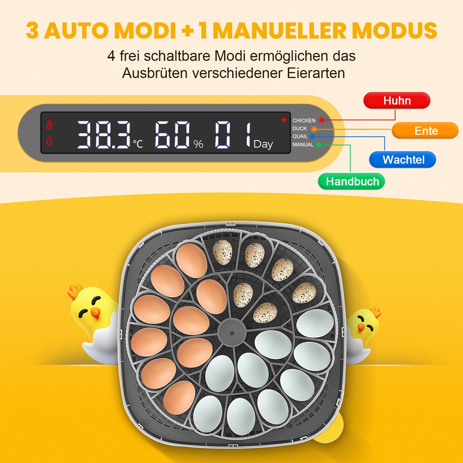 Incubadora Sailnovo para 24 Huevos con 4 Modos, Incubadora de Huevos con Volteo Automático y Monitor de Humedad, Lámpara de Huevo, Incubadora Huevos Gallina Vista 360° con Ventana Transparente, Gris
