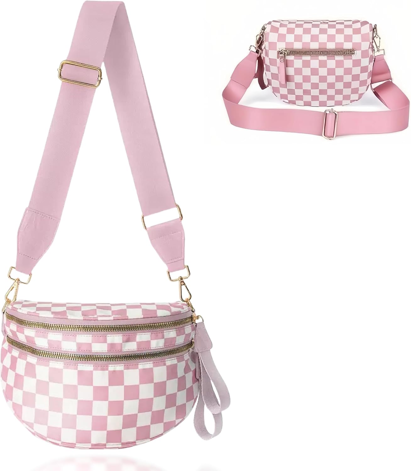 Checkered Crossbody Bum Bags for Women, Nylon Sling Bags with Shoulder Strap, Large Capacity Checkered Purse Bag
