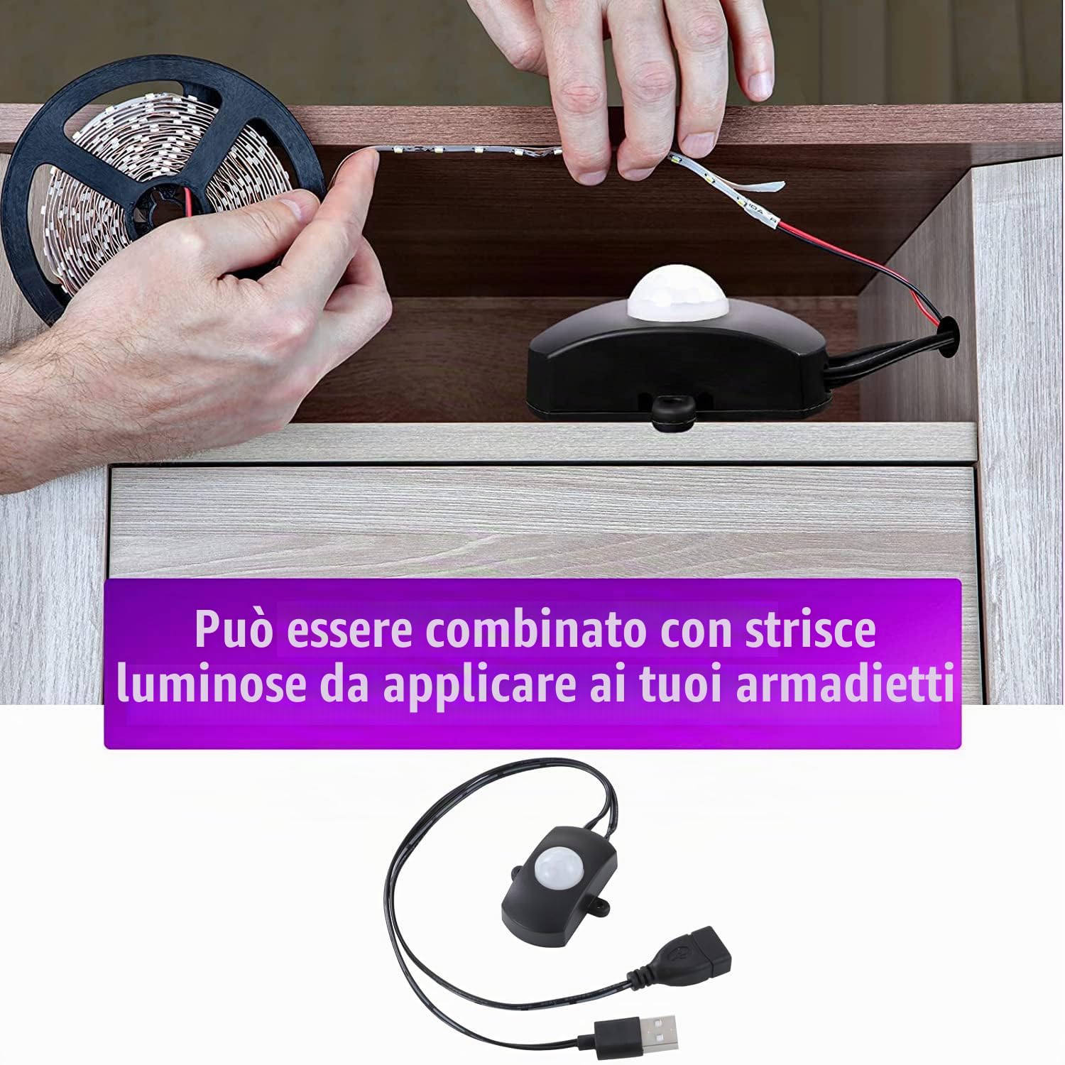 Greluma 1 interruttore mini PIR DC 5-24 V 2 A, sensore di movimento per illuminazione LED fai da te, rilevatore di movimento a infrarossi, interruttore automatico, striscia LED con connettore USB