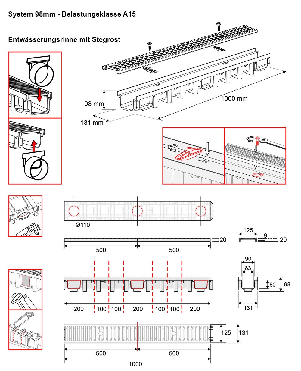 10m Entwässerungsrinne für modulares System A15 98mm, komplett Stegrost Kunststoff, Schwarz Line