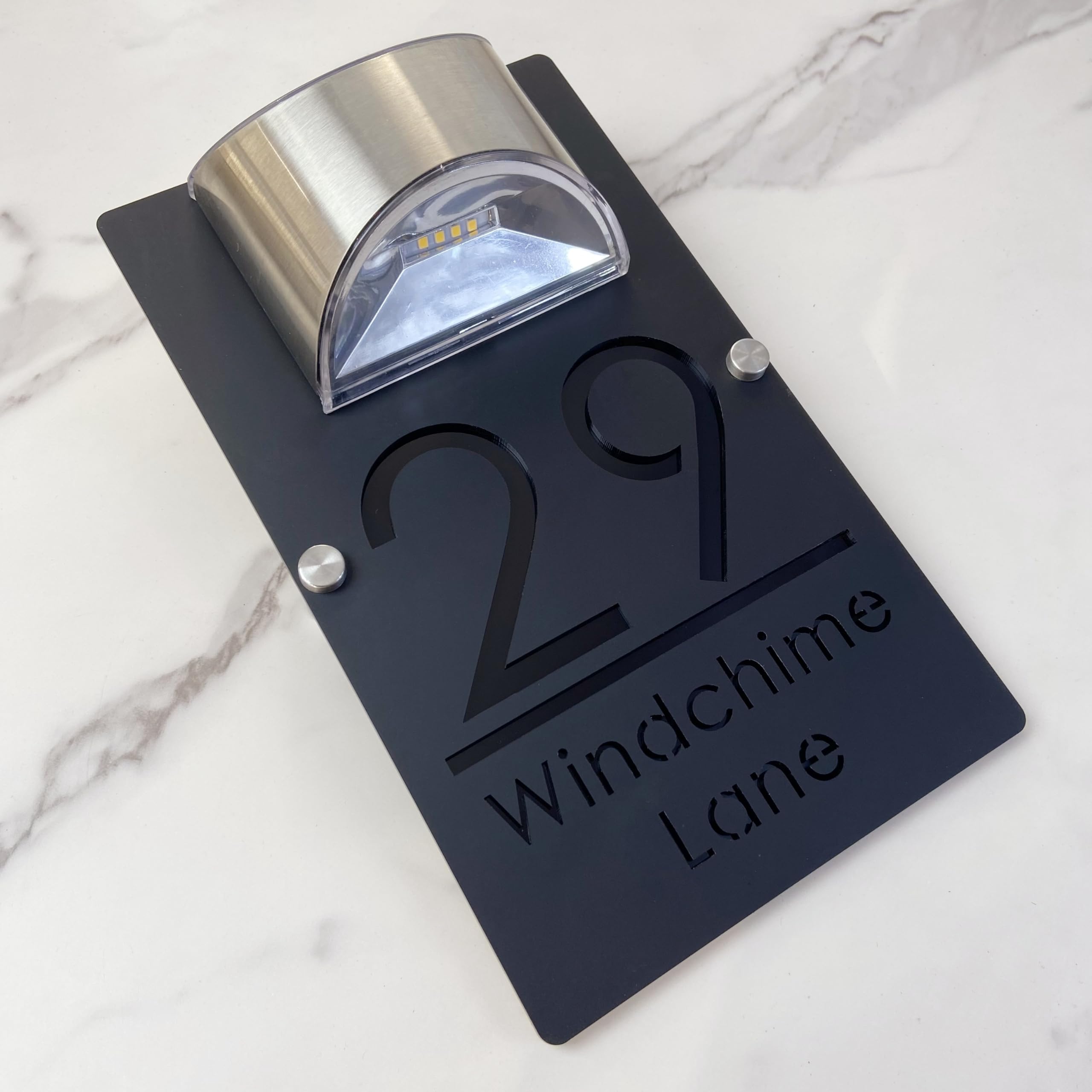 Solar Powered LED House Number Sign – Personalised Illuminated Door Plaque with Laser Engraving – Auto ON at Night – Waterproof Acrylic Address Plate for Home Wall or Gate (Black black)