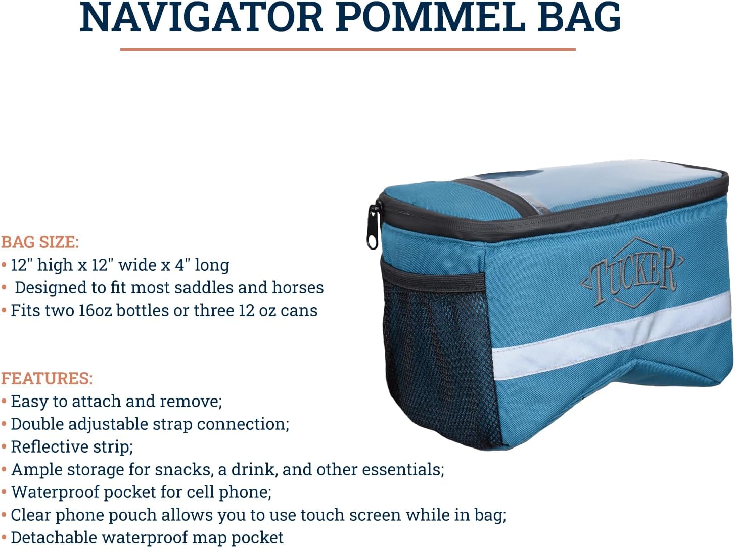 Tucker Navigator Compact Resistant Nylon Contoured Horseback Riding Trail Gear Saddle Pommel Bag w/Waterproof Pockets, Adjustable Strap, Reflective Strip,12x12x4