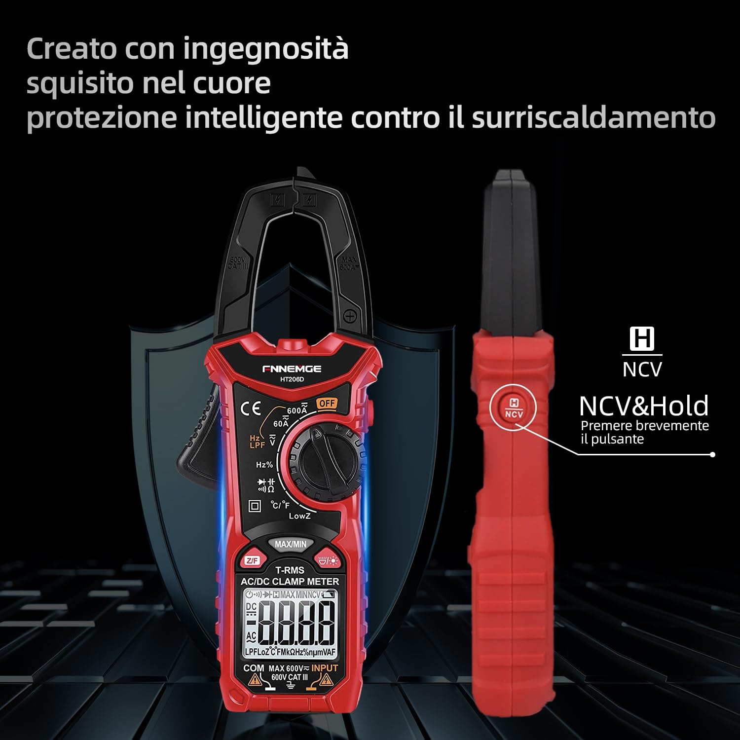FNNEMGE HT206D - Pinza amperimétrica, Misuratore di Corrente DC/AC: 0-600A, Multimetro a pinza True-RMS 6000 Counts auto-Classificazione, Misura la Capacità di Passaggio (Corrente AC/DC)