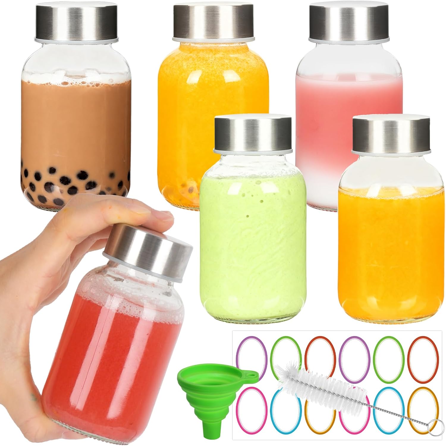 6 Pack Glass Juice Bottles with Lids – 5 oz Clear Water Bottles With Stainless Steel Cap – Liquid Storage Containers for Juicing, Refrigerator – Includes 12 blank labels, 1 Folding Funnel and 1 Brush
