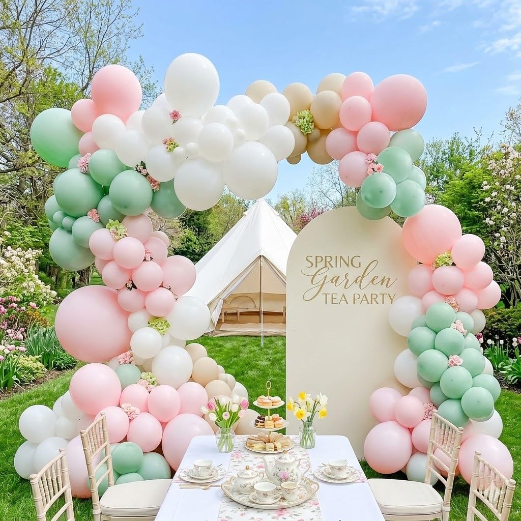 Photo 1 of 143 Pcs Pastel Pink and Sage Green Balloon Garland Arch Kit - Silly Goose Theme Party Decorations, Sand White & Mint Macaron Balloons for Girl Baby Shower, Spring Fairy 1st Birthday, Floral Tea Party