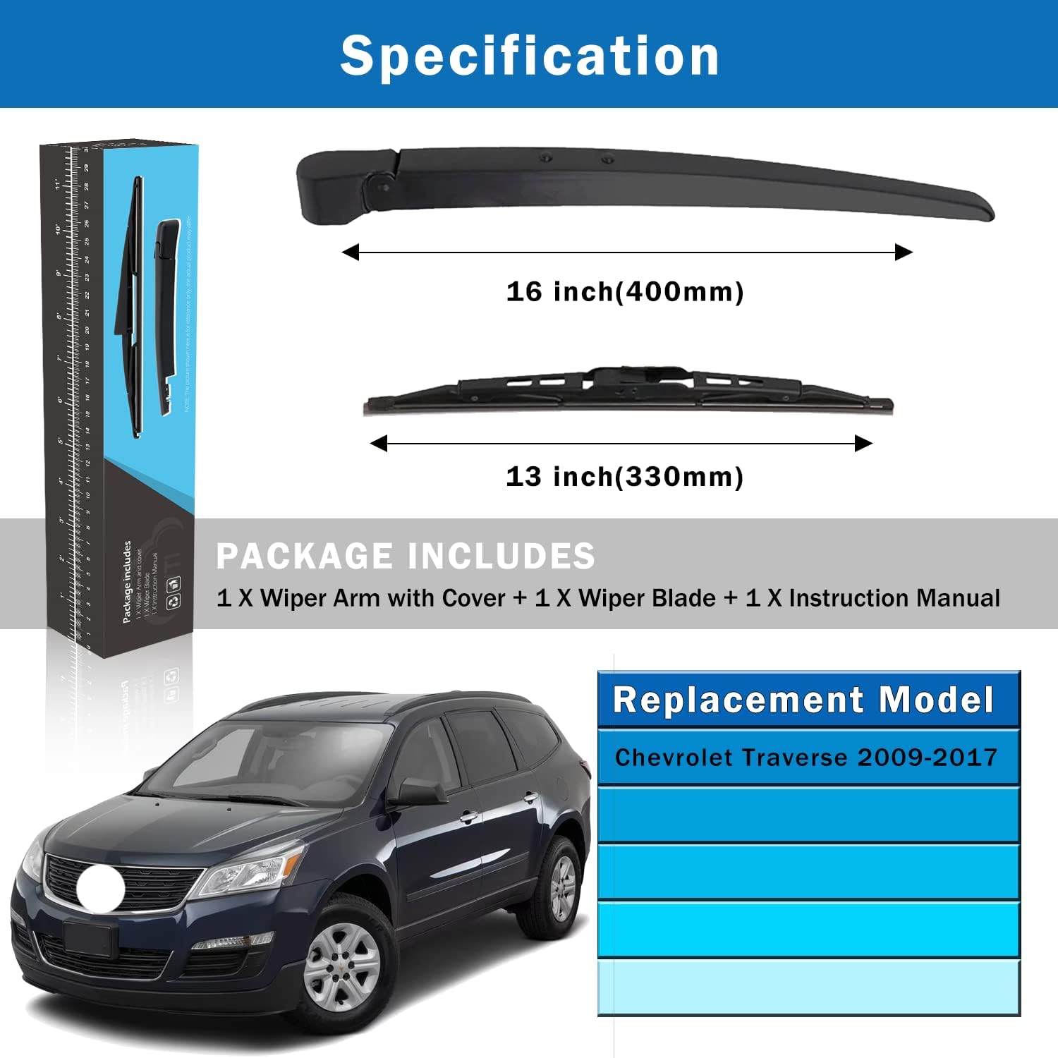 WTI Rear Wiper Arm Blade Set Compatible With Chevy 2009-2016 Traverse Fit Rear Windshield Window Wiper Kits Assembly New Replacement Accessories Parts OEM 20935081