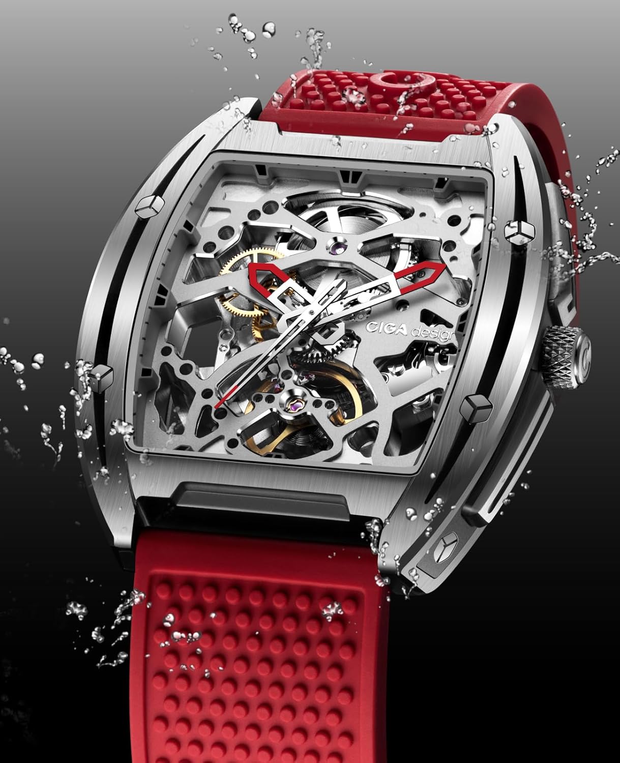 CIGA Design Z Series Automatic Mechanical Watch, Luxury Skeleton Wristwatch Tonneau with Silicone Strap Stainless Steel Business Dress Waterproof Timepiece Gifts for Men and Women - Image 3