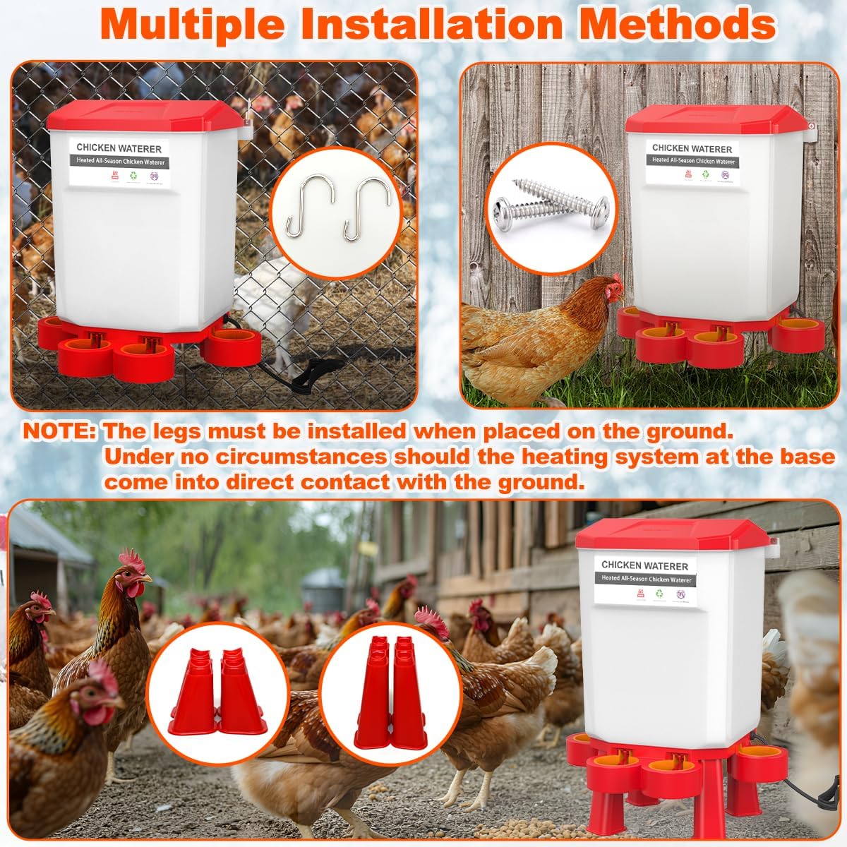 Heated Chicken Waterer, Plastic Chicken Water Heater, Anti-Freeze Heated Poultry Drinker with 4 Cups, Winter and Summer Dual-use, Poultry Water Heater for Chickens, Ducks, Geese - Dark Red, 11L