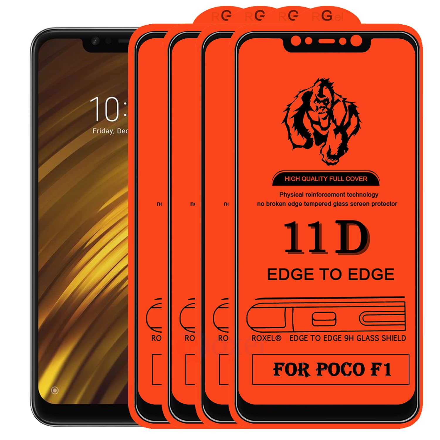 Roxel 11D Tempered Glass Screen Protector Compatible for Poco F1 (Pack Of 4) with Full Screen Coverage (edge to edge) and Easy Installation kit [4 Pack|Black|Gorilla Tempered]