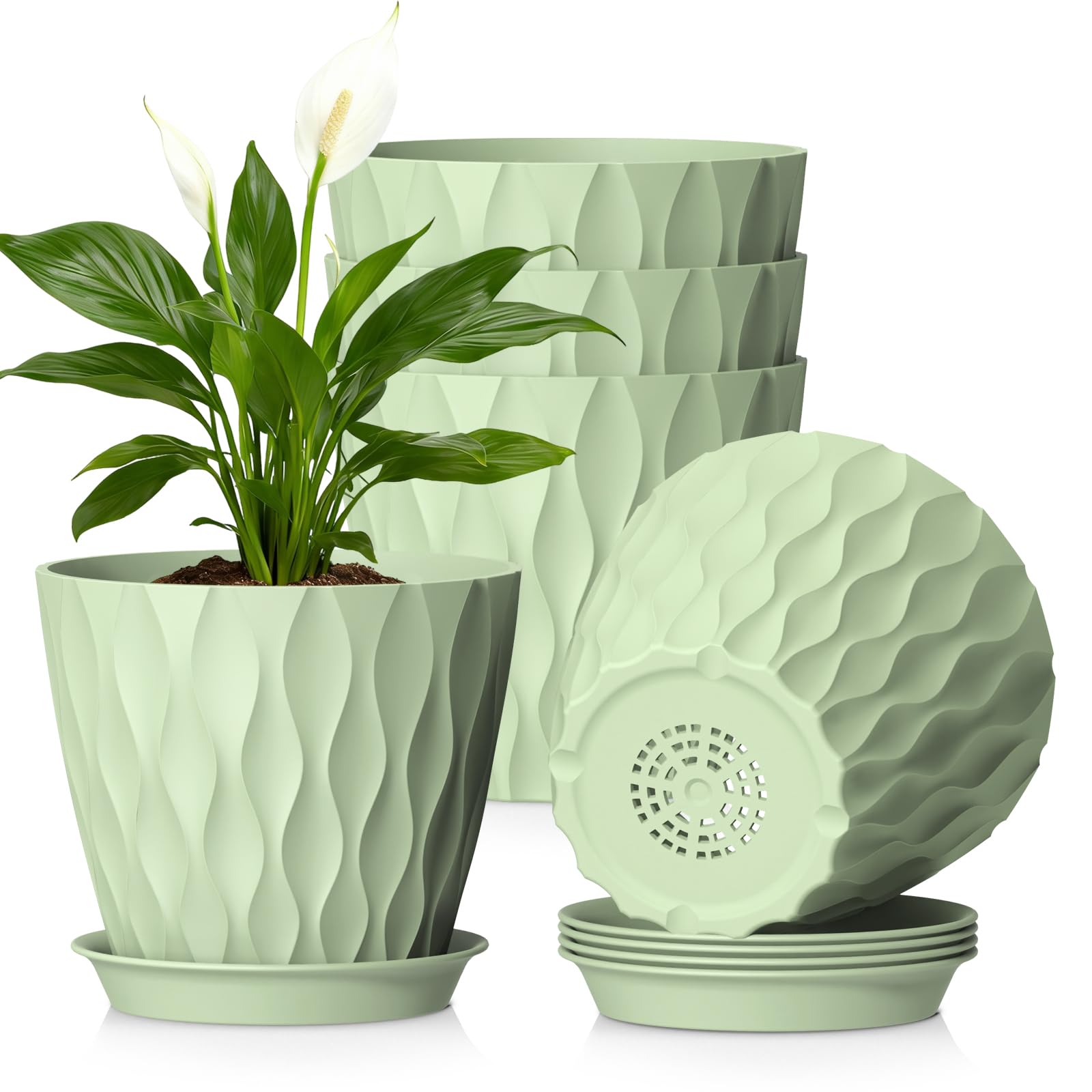 12.7 cm Indoor Plant Pot, 5 Pack Thick Plastic Flower Pots with Drainage Holes & Saucers, 3D Modern Wave Texture, Decorative Nursery Pots for Succulent, Cactus, Mint & Small House Plants, Black — view 28