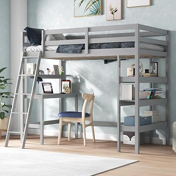 KOTEK Twin Loft Bed with Desk & Storage Shelves, Solid Wood Loft Bed Frame with Bookcase, Ladder, Guardrails, Twin Size Loft Bed for Kids, Teens, Drom, Apartment Grey