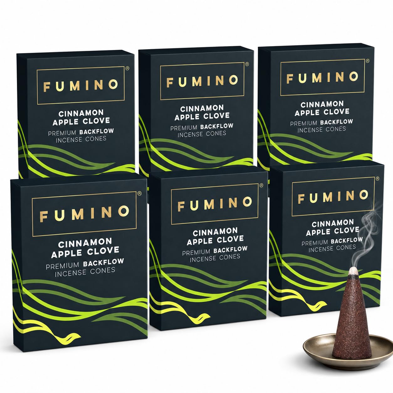 Fumino Cinnamon Apple Clove Backflow Incense Cones 90 Pack 6 Boxes - Natural Masala Cones for Waterfall Cascade Smoke & Meditation, Warm Spiced Scent, Hollow-Core for Backflow Burners