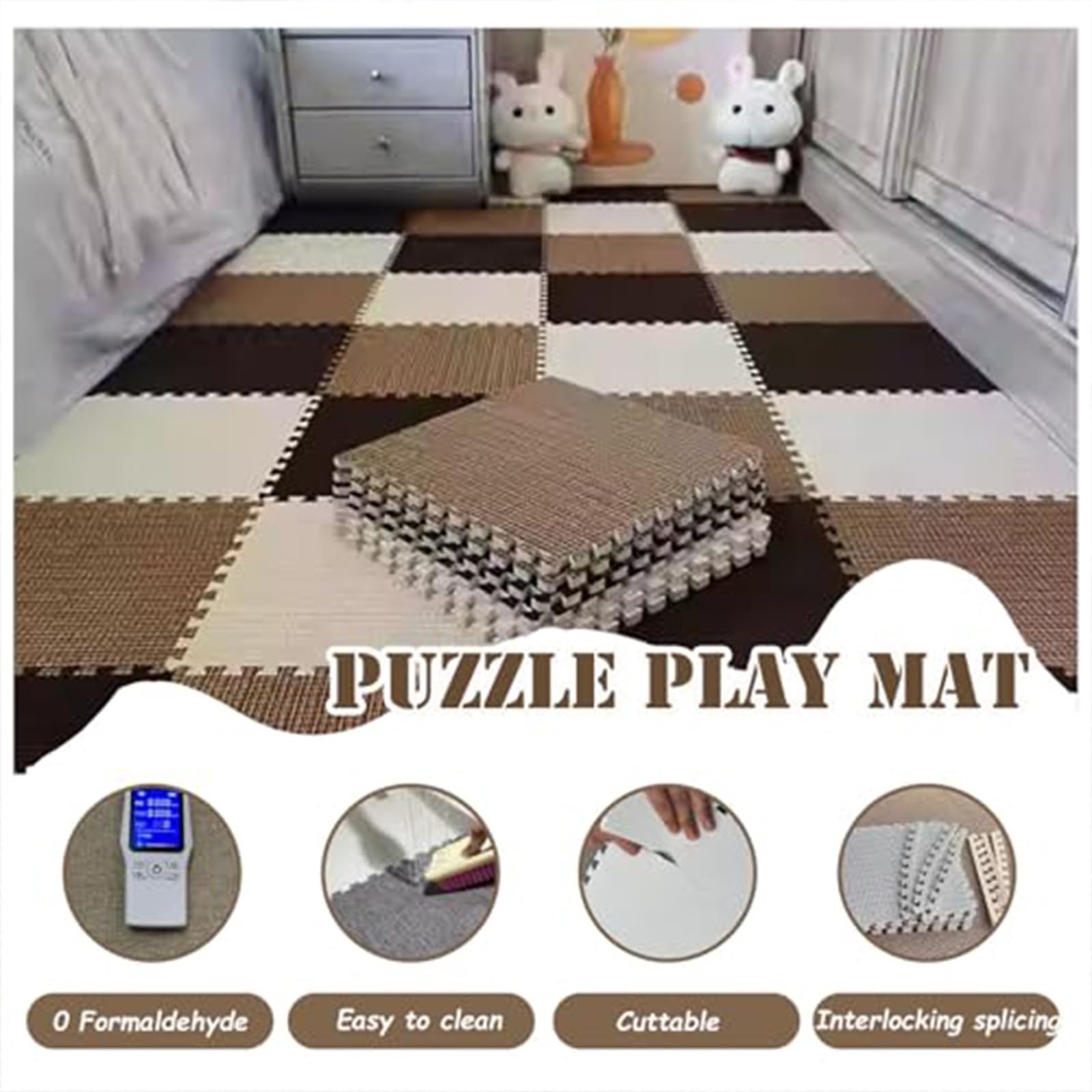 AHTCPO Puzzle Foam Mat Fluffy Floor Rugs, 0.6cm Thick Linen Exercise Mat, Non-Slip Puzzle Climbing Area Rugs, Home Decor(Orange+Beige,0.6cm-24p)