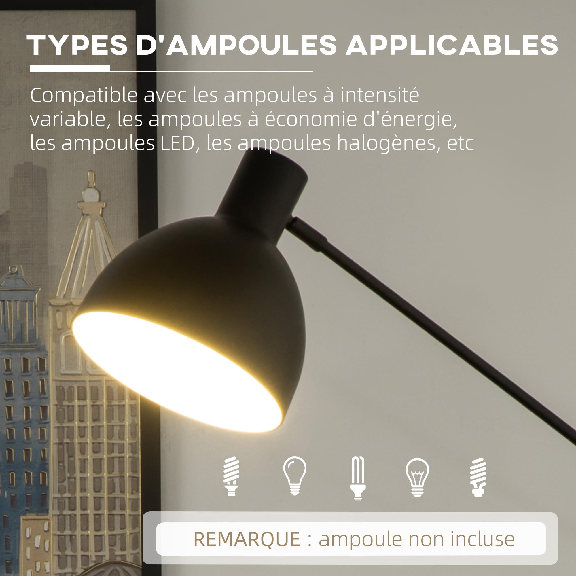 HOMCOM Lampada da terra regolabile in altezza girevole con presa E27 Nero