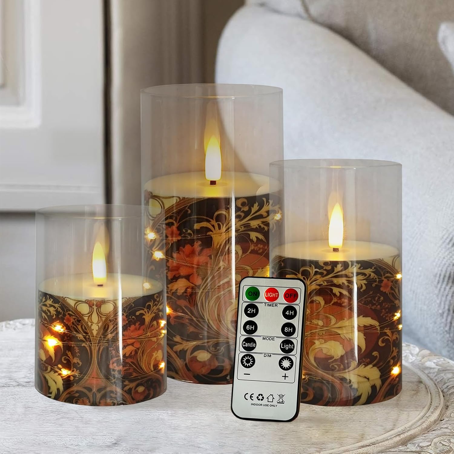 Vintage Gold Floral Printed Flameless Candles Set of 3, 4' 5' 6' Flickering LED Candles, Battery Operated Candle, 10-Key Timer Remote for Home Decor Gift Wedding
