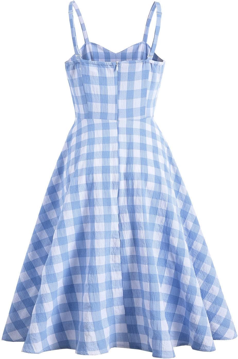 Plaid Cami Dresses for Womens, Women Spaghetti Strap Tea Dress Sleeveless V Neck Rockabilly Dress Vintage Evening Gown
