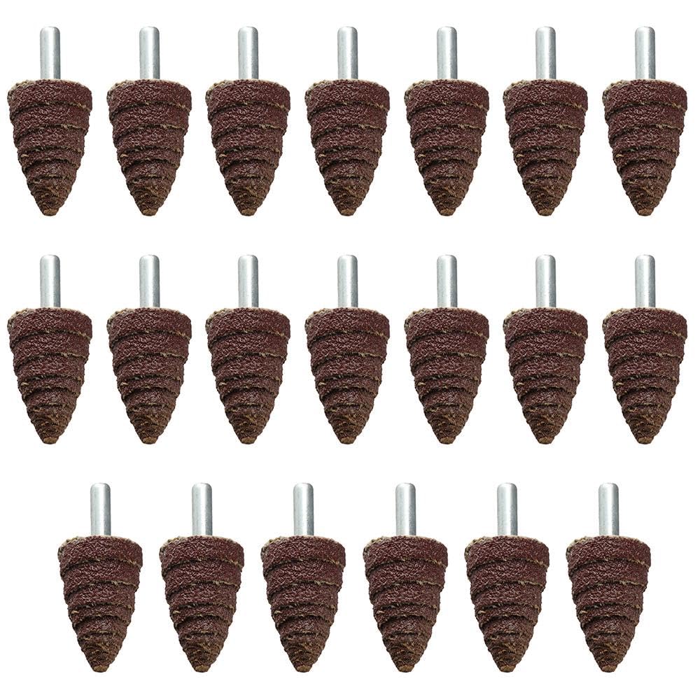 HOBBYIN 20 Pack Gauze Sharp Grinding Head with Handle, 25 X 40 X 6mm Cone Shape Abrasive Sandpaper 1/4