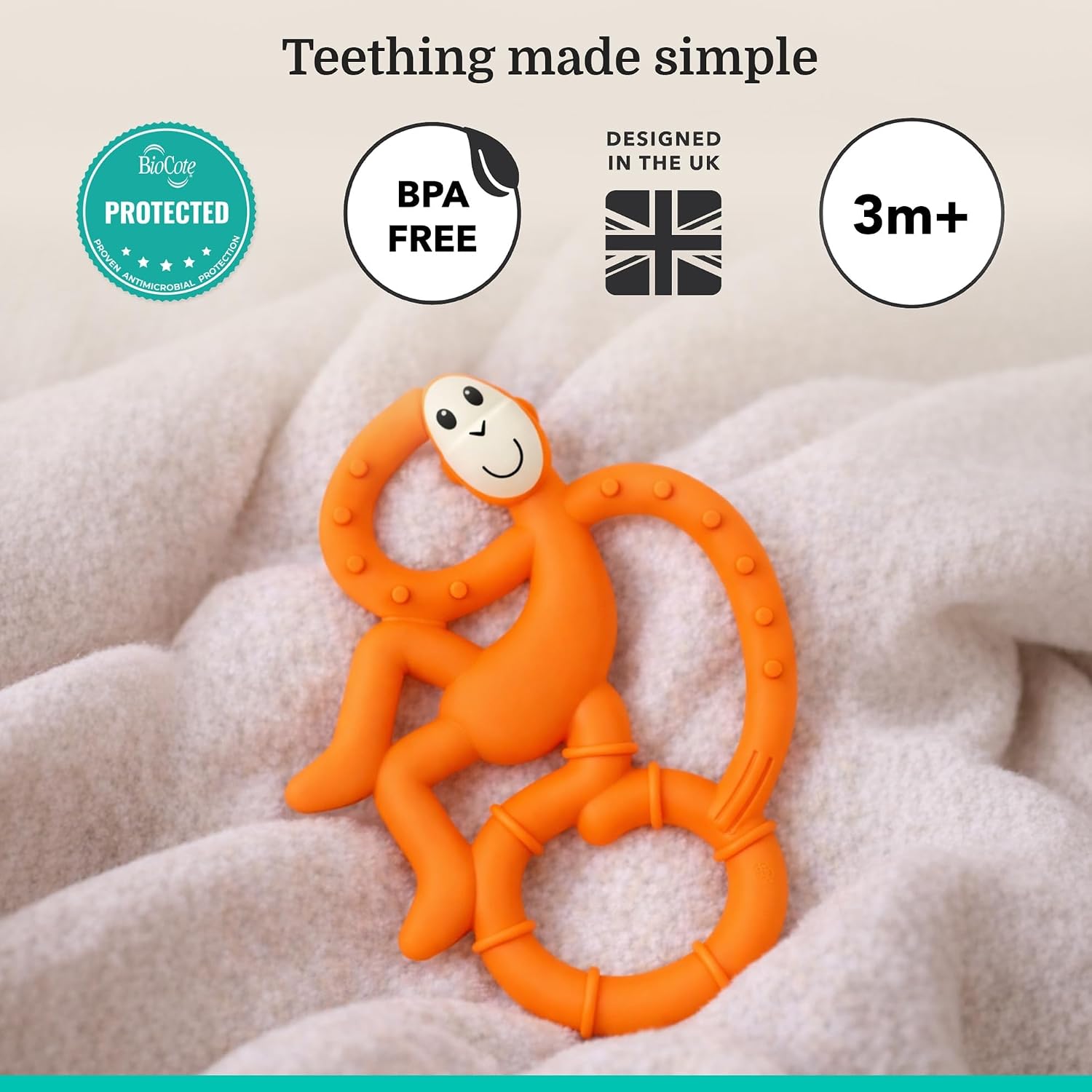 Matchstick Monkey Silicone Mini Teether & Gel Applicator – Silicone Baby Teether, Easy-to-Grip, BPA-Free, Supports Self-Soothing & Early Brushing, 3 Months+, 4 Inches, Orange