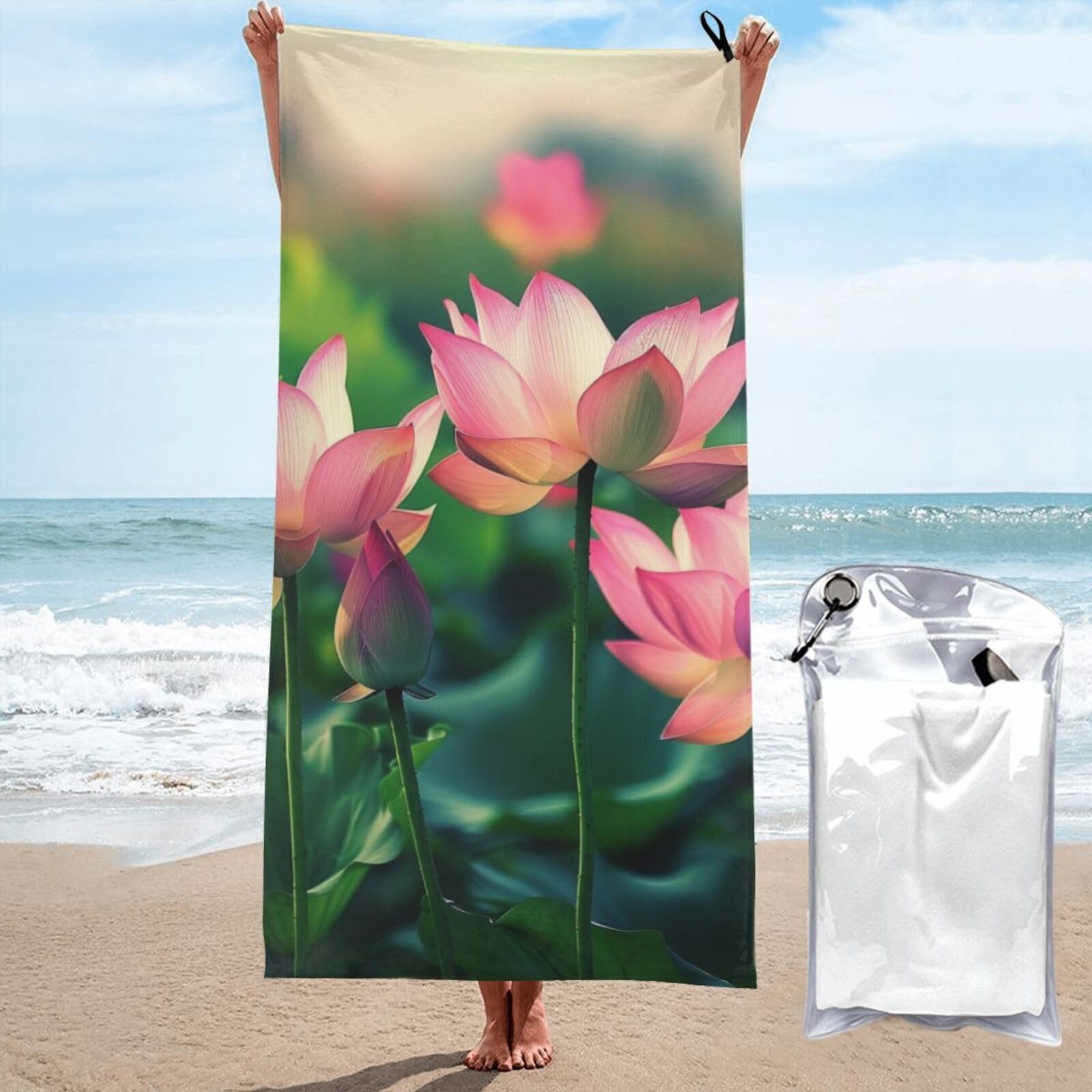 BWWHCCTI lotus flowers Printed Microfiber Quick Dry Beach Towel 80x160 CM, Fast Drying Bath Towels with Bags for Travel,Camping,Gym,Beach,Swimming,Yoga
