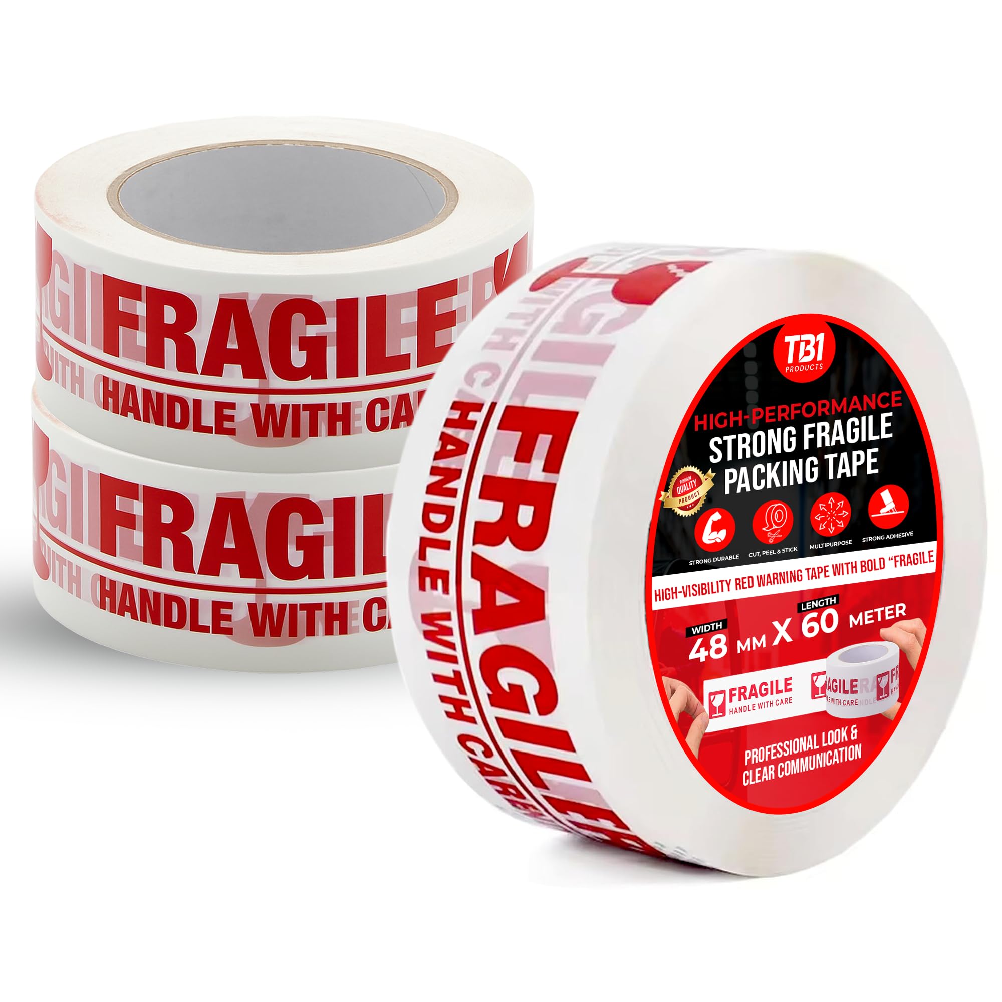 TB1 Fragile Tape – 3 Rolls (48mm x 60m) – Red Printed Warning Tape for Moving, Shipping, Storage & Packaging – Strong Adhesive Seal, Clear “FRAGILE” Print, Tear-Resistant Material for Secure Handling