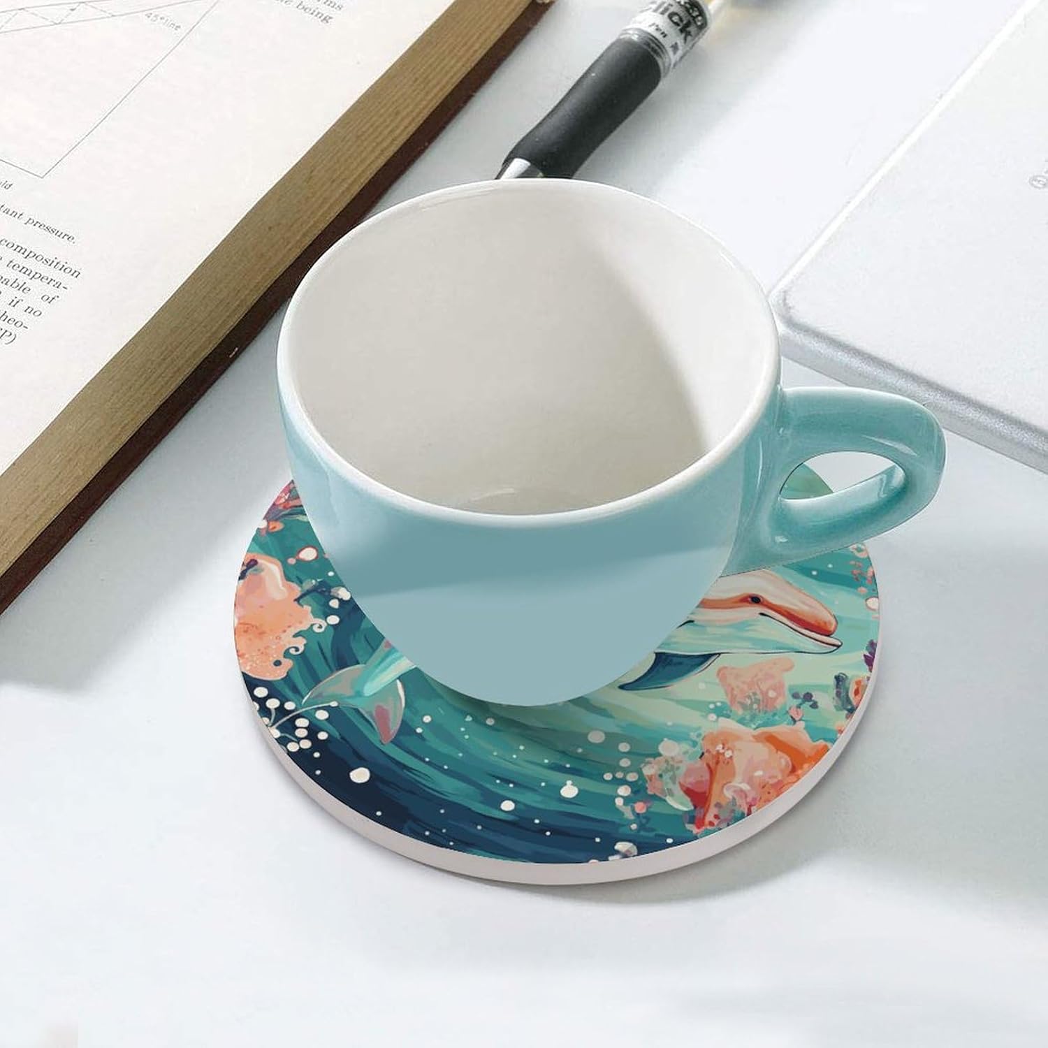 Lovely Dolphins Coasters Round Coasters Set Ceramic Stone Coaster with Cork Base Coffee Cup Beverage Cup Mat Cute Funny Table Drinks Coaster for Mugs and Cups Office Kitchen