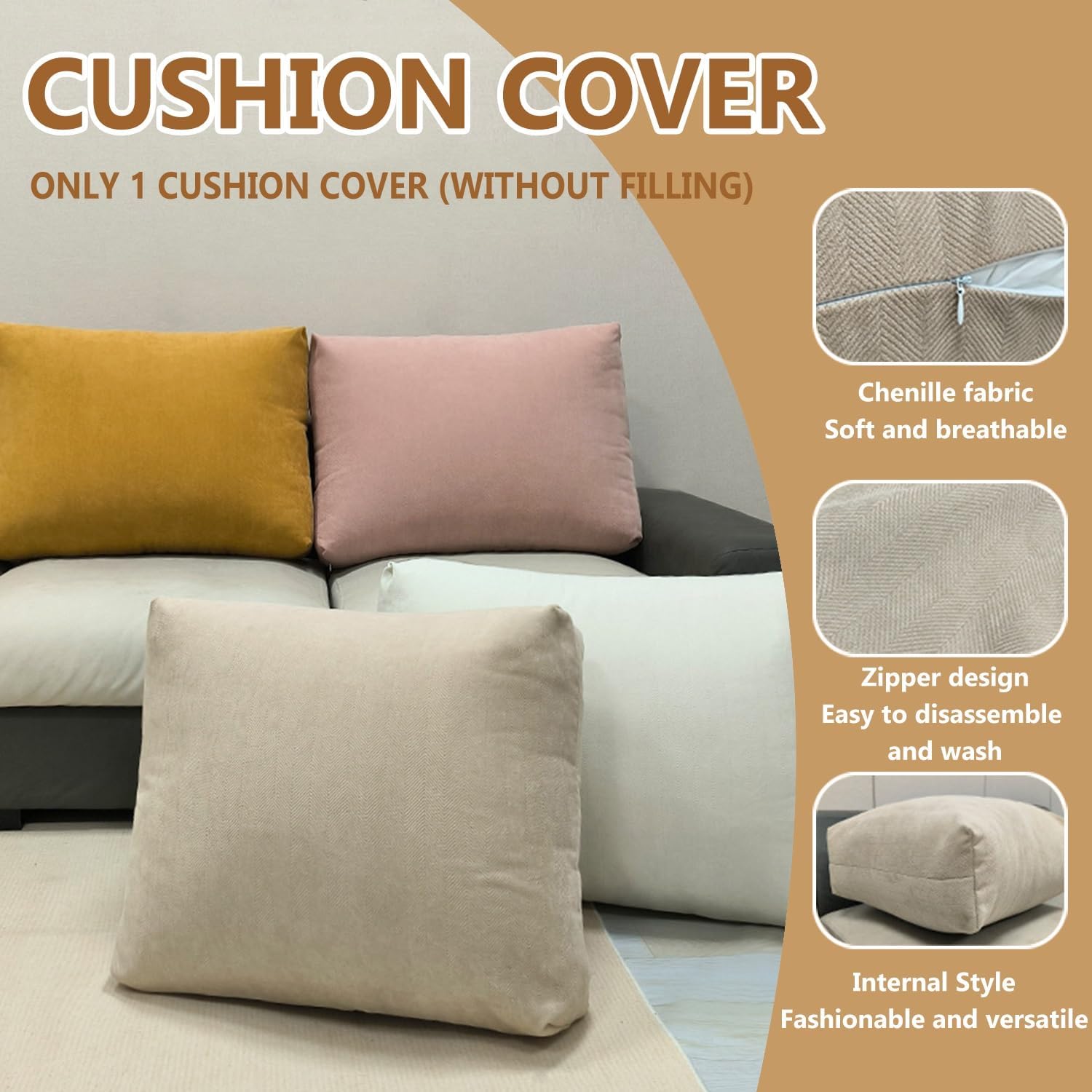 Sofa Cushion Cover, 60 x 50 cm, 70 x 50 cm, 80 x 50 cm, 90 x 50 cm, Chenille Decorative Cushion Cover for Bedroom Living Room Chairs Sofas Deco(Olive Green, 90 x 50 x 18 cm)
