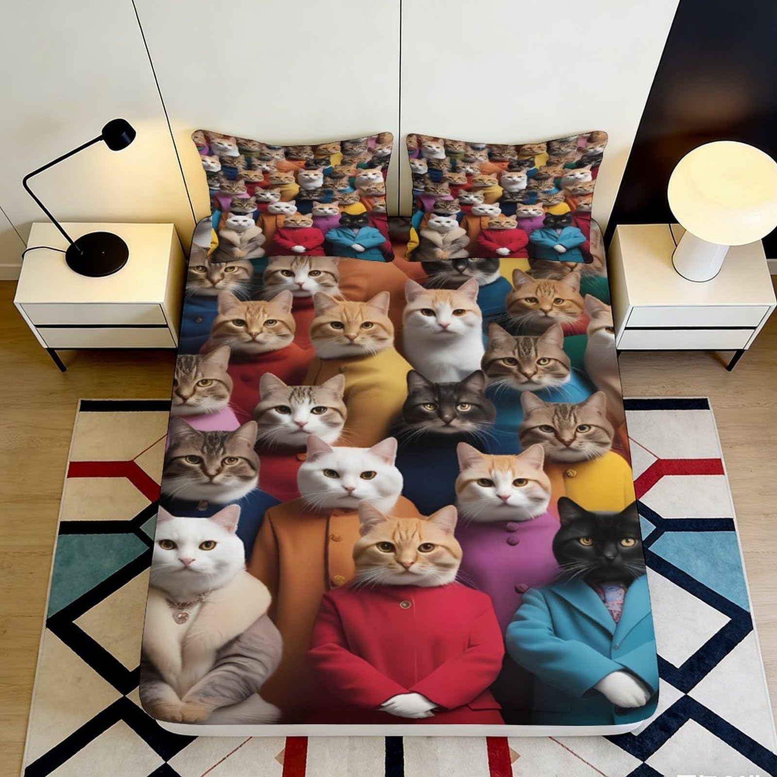 3D Printed Cat Pattern Fitted Sheet Microfiber Soft Durable Unique Cat Portraits Bed Cover for Bedroom Dormitory Guest Room Mattress Protection 160x200x25cm