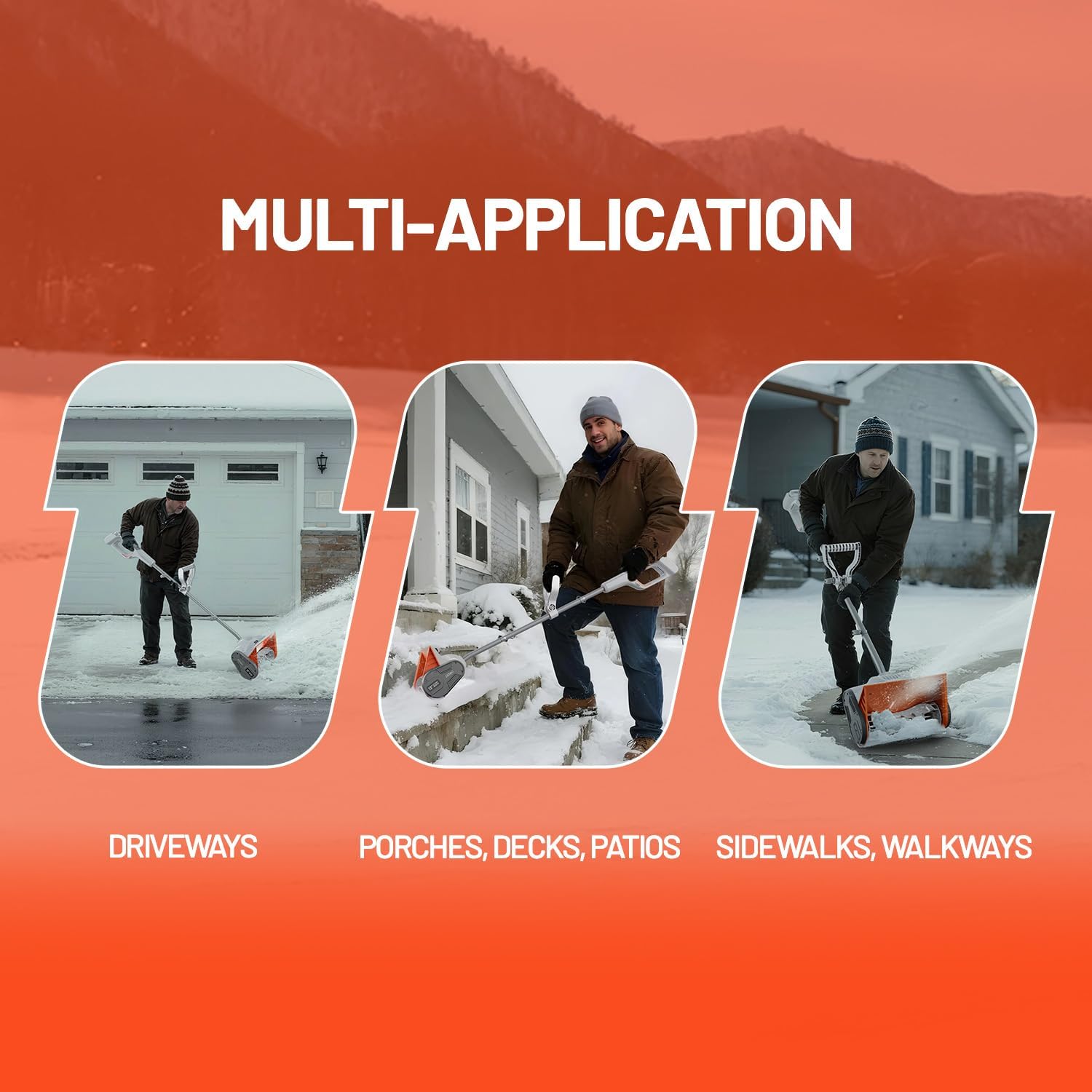 Collage showing the Litheli Cordless Snow Shovel being used for multiple applications: driveways, porches, decks, patios, sidewalks, and walkways