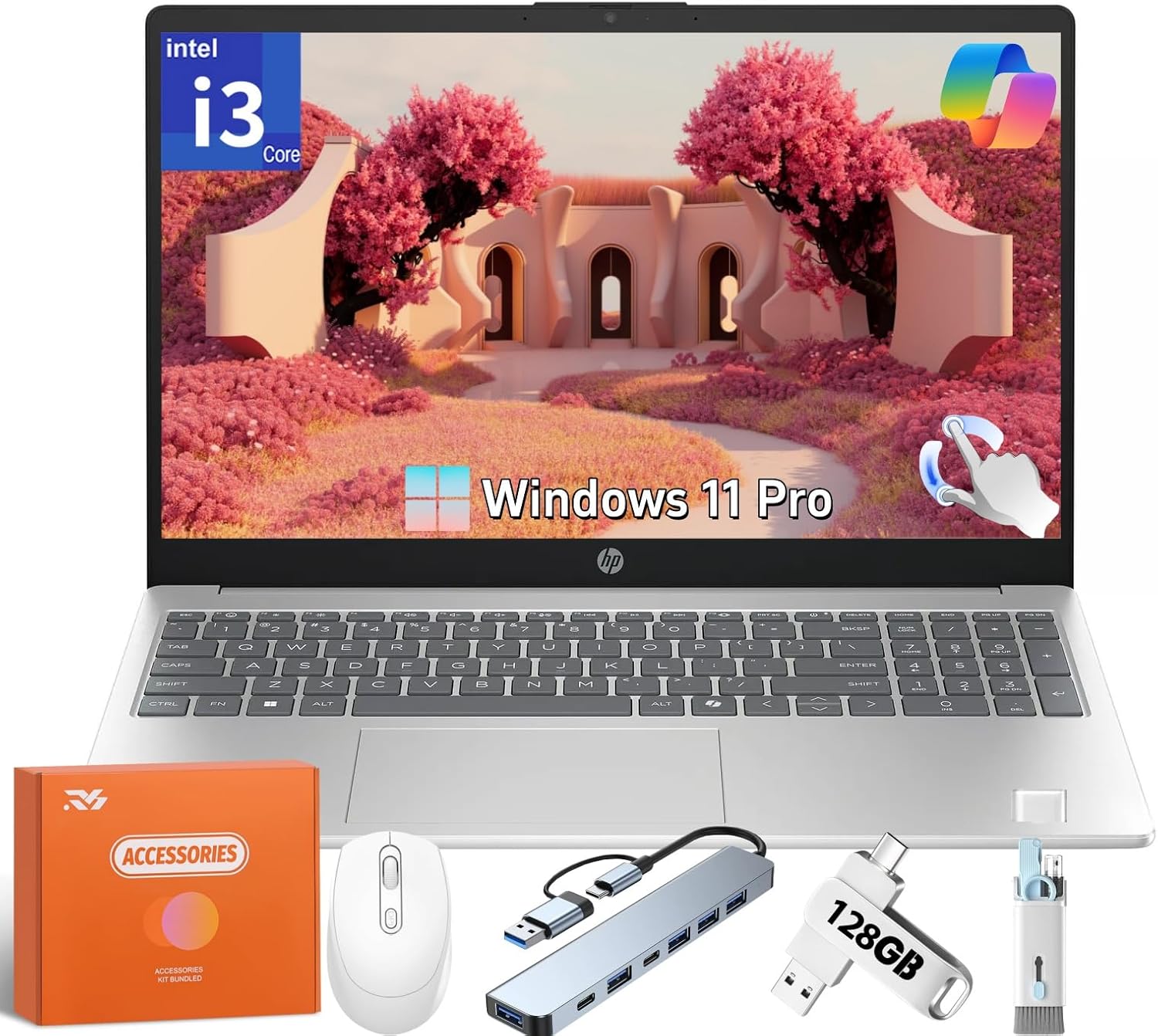 HP 2025 15.6" Touchscreen Laptop, Microsoft Copilot, Intel i3-1315U(Up to 4.5GHz), 32 GB RAM, 1 TB SSD, Intel UHD Graphics, Anti-Glare, Fast Charge, Long Battery Life, Windows 11 Pro, w/Accessories