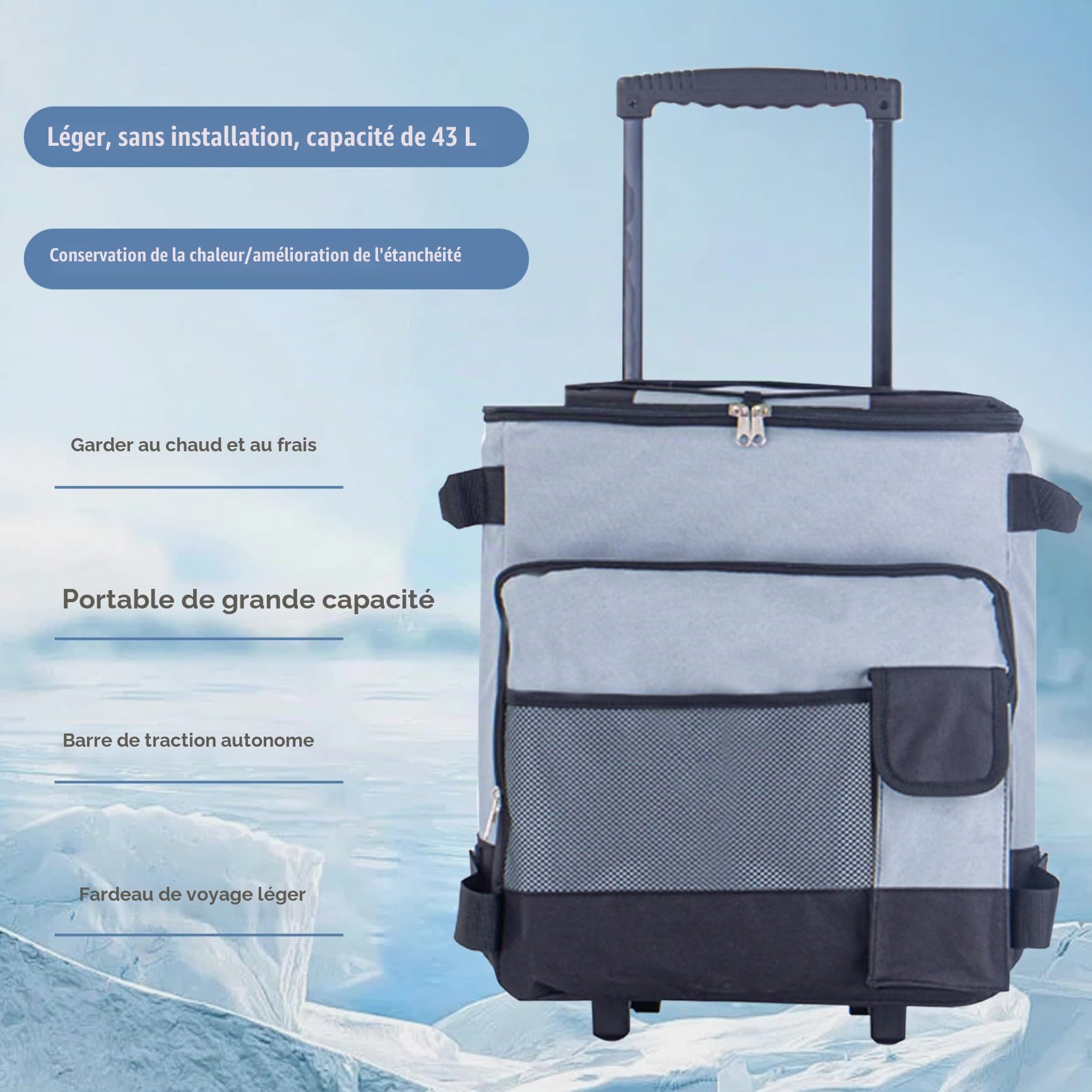 43L Grande glacière avec roues et traction, refroidisseur de plage portable gris avec roues refroidisseur de camping doux imperméable - refroidisseur à roulettes Chariot à pliage multiple refroidis